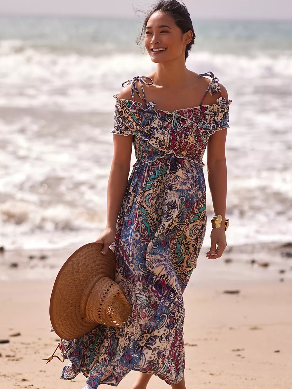 Anthropologie Smocked Paisley Criss-Cross Paisley Maxi Dress Womens M Boho Beach